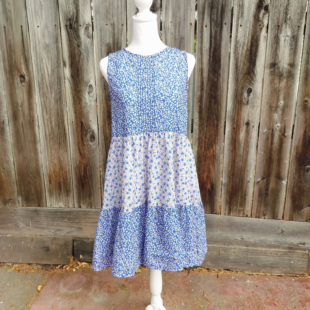 Pomegranate Floral‎ Print Tiered Dress Sleeveless Button Back Blue S